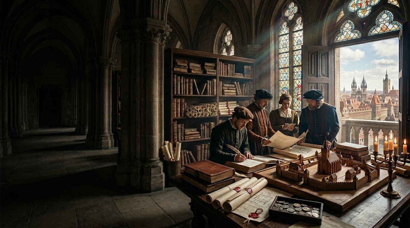 Early modern administrative hall with clerks, archives, ledgers, and campaign planning material.