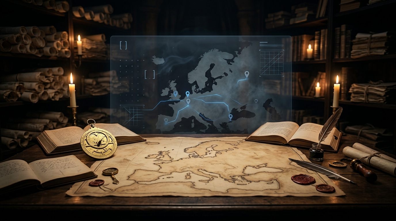 Early modern map archive with a translucent debug command panel, coordinate markers, and route overlays.