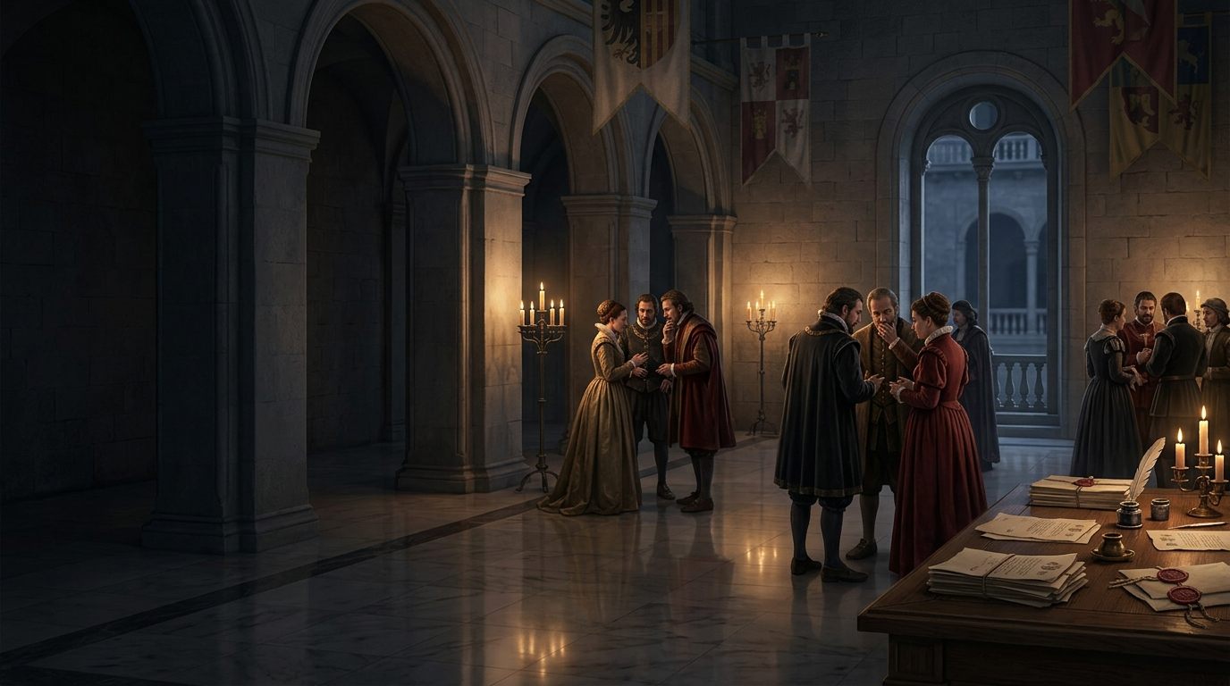 Early modern diplomatic congress with envoys, treaty papers, candlelight, and courtly negotiation.