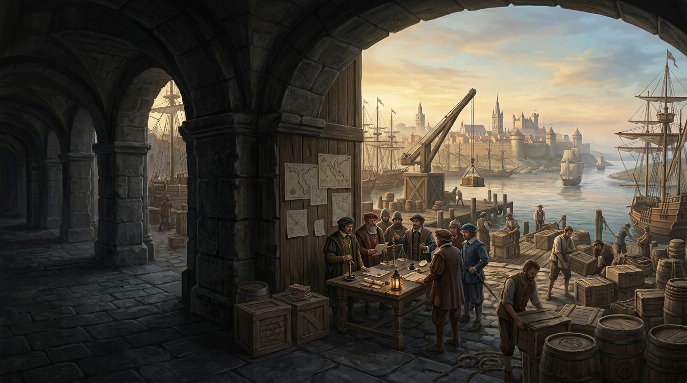 Early modern European port with trade ships, market warehouses, harbor cranes, and commercial activity.