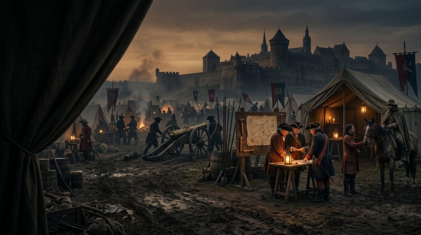 Early modern siege scene with artillery, smoke, fortress walls, and a campaign command view.