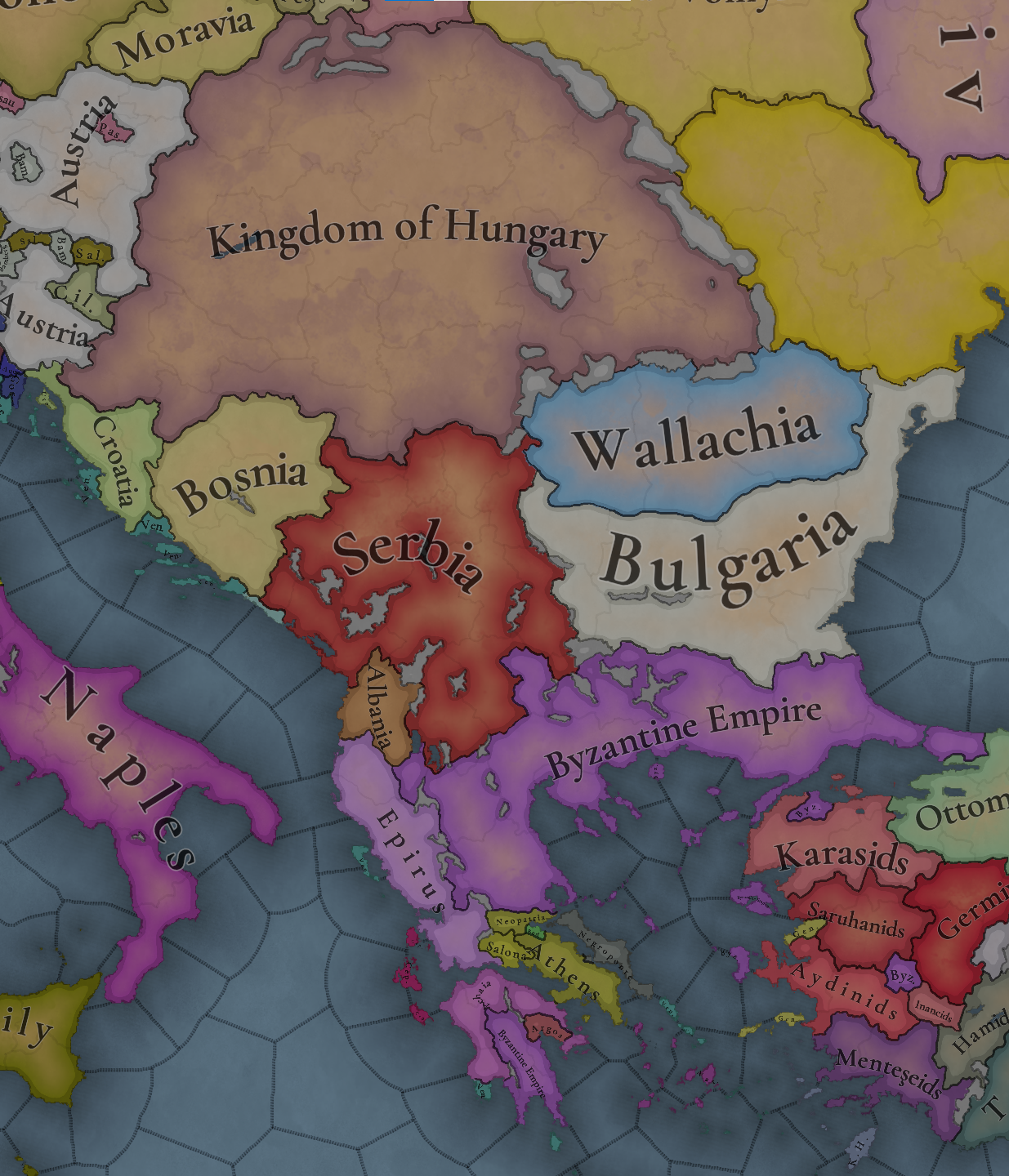 EU5 Carpathia and Balkans country map showing Hungary, Croatia, Wallachia, Serbia, Bosnia, and nearby powers