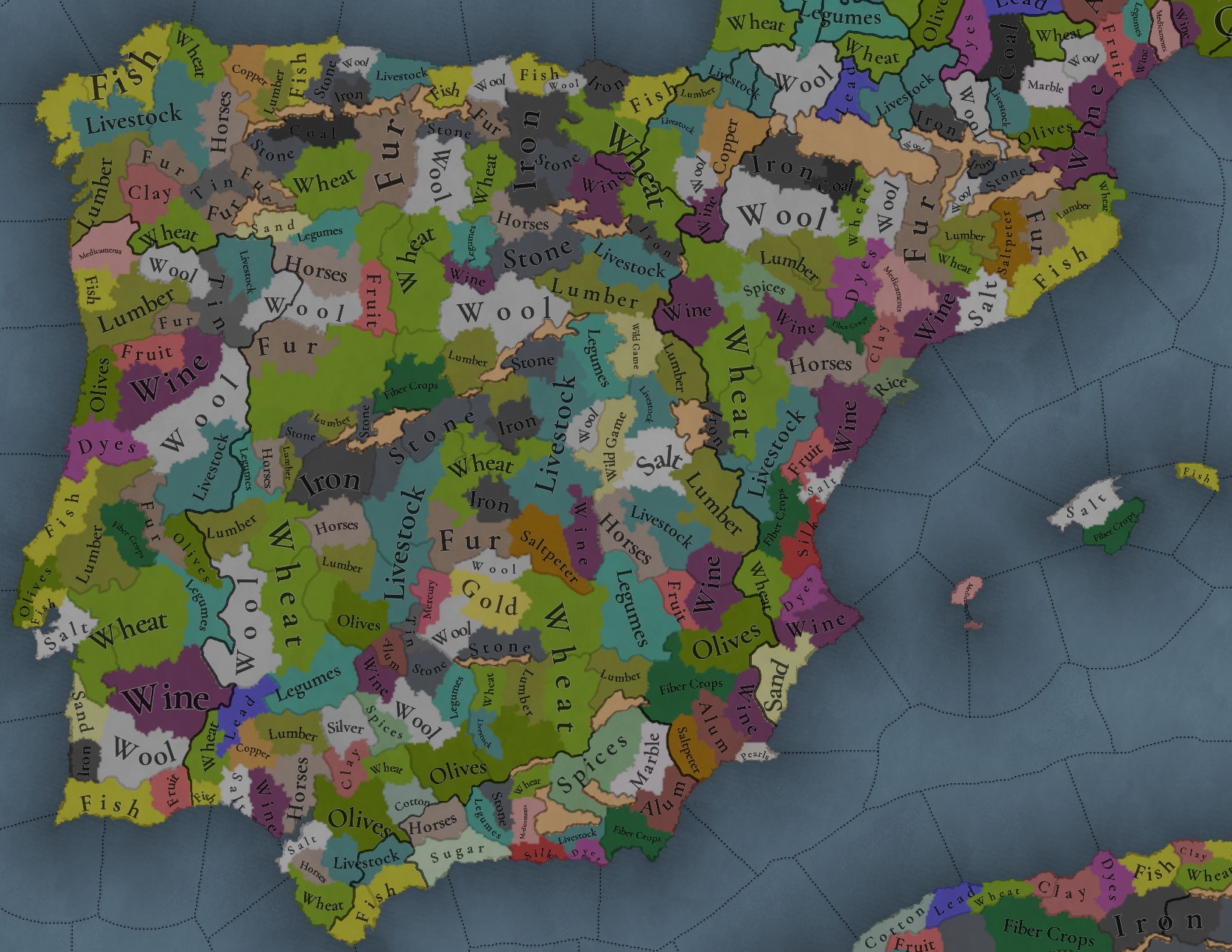 EU5 Iberia raw goods map showing resources across Castile and neighboring regions