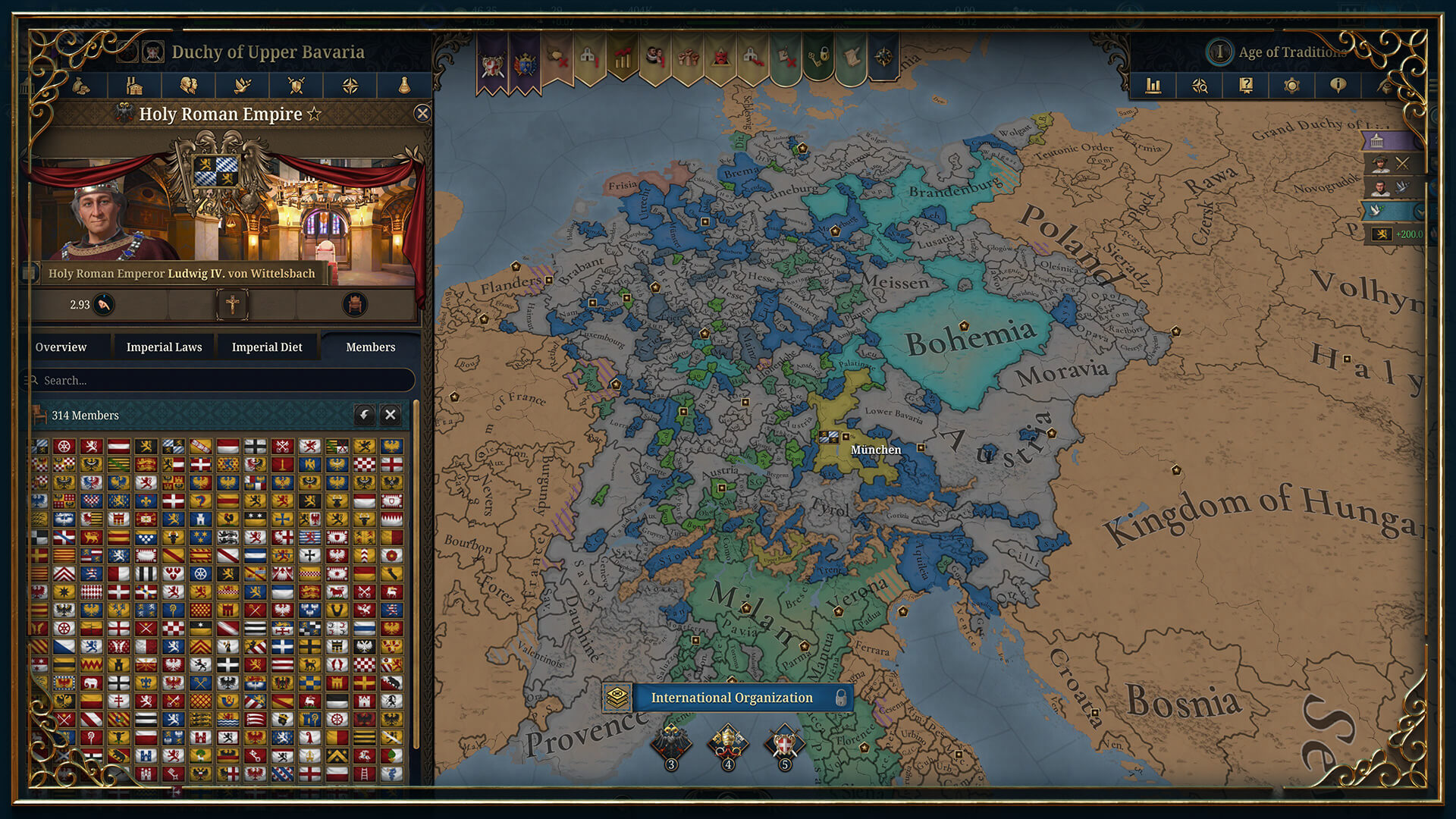 Europa Universalis V map with a country and location highlighted.