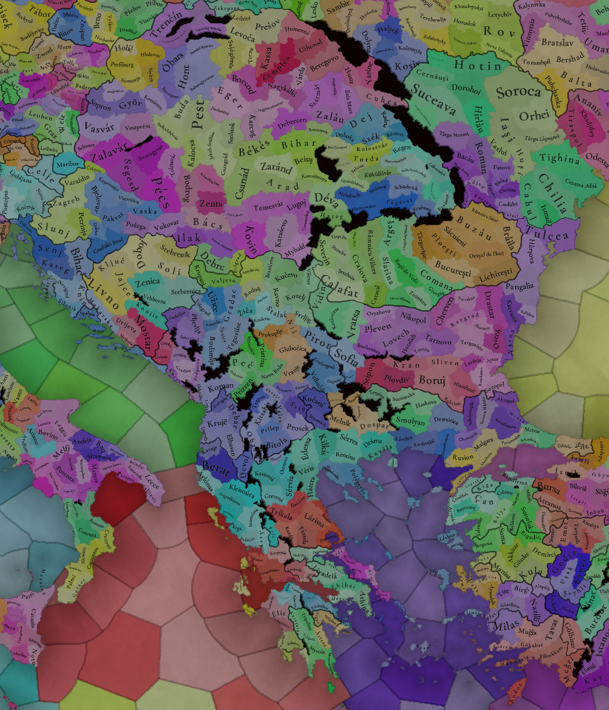 EU5 Carpathia and Balkans locations map showing Buda, Pest, Croatia, Transylvania, and nearby regions