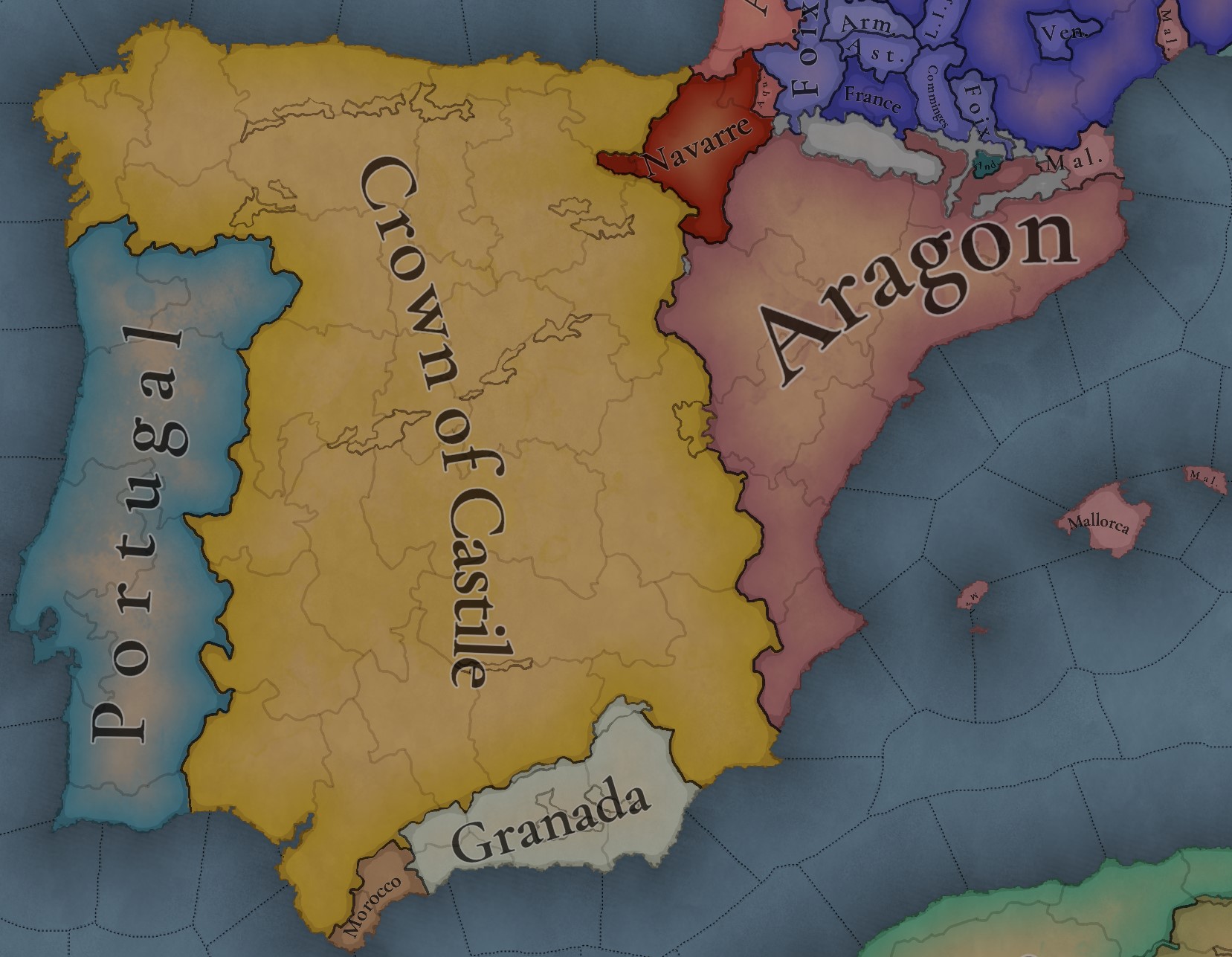 EU5 Tinto Maps Iberia view showing Portugal, Castile, Aragon, Navarre, and Granada