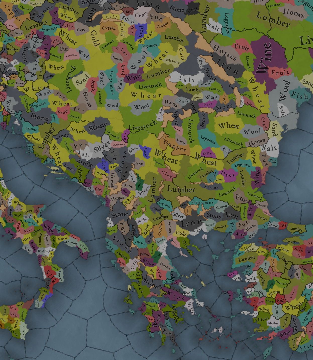 EU5 Carpathia and Balkans raw materials map showing gold, silver, copper, iron, livestock, wheat, and other resources