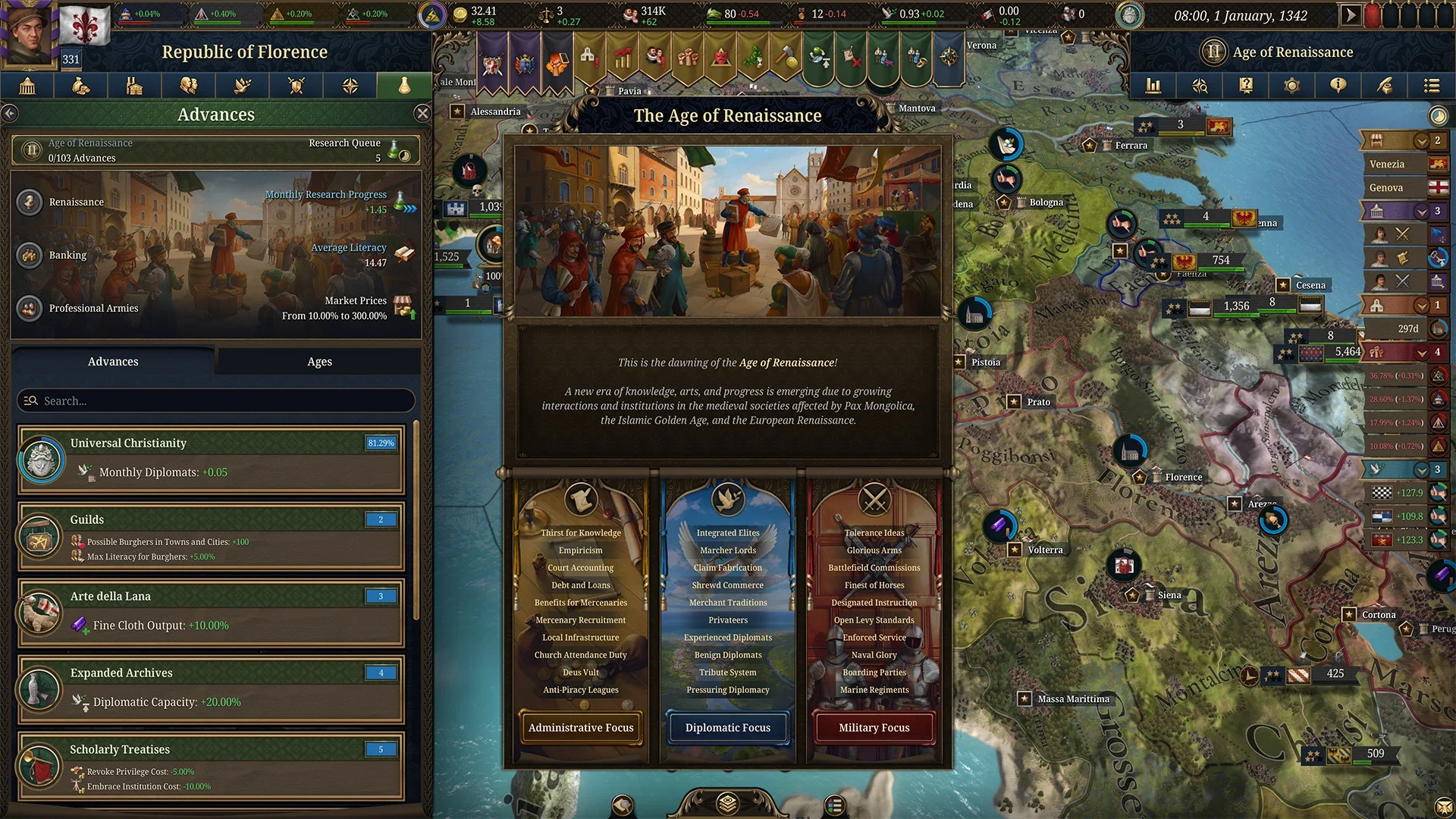 EU5 banking and market modifiers visible in the advances interface
