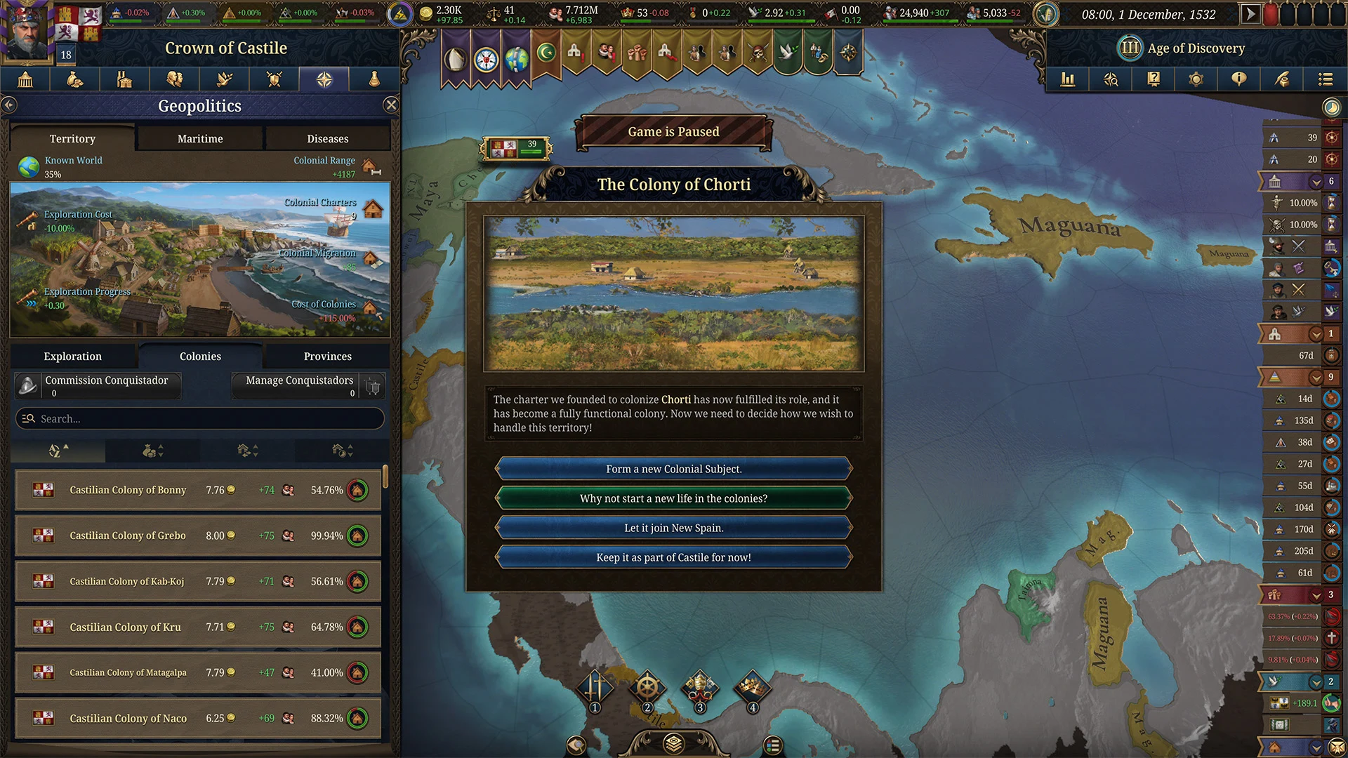 EU5 exploration and colony-oriented UI screenshot for Castile and Iberian long-term planning