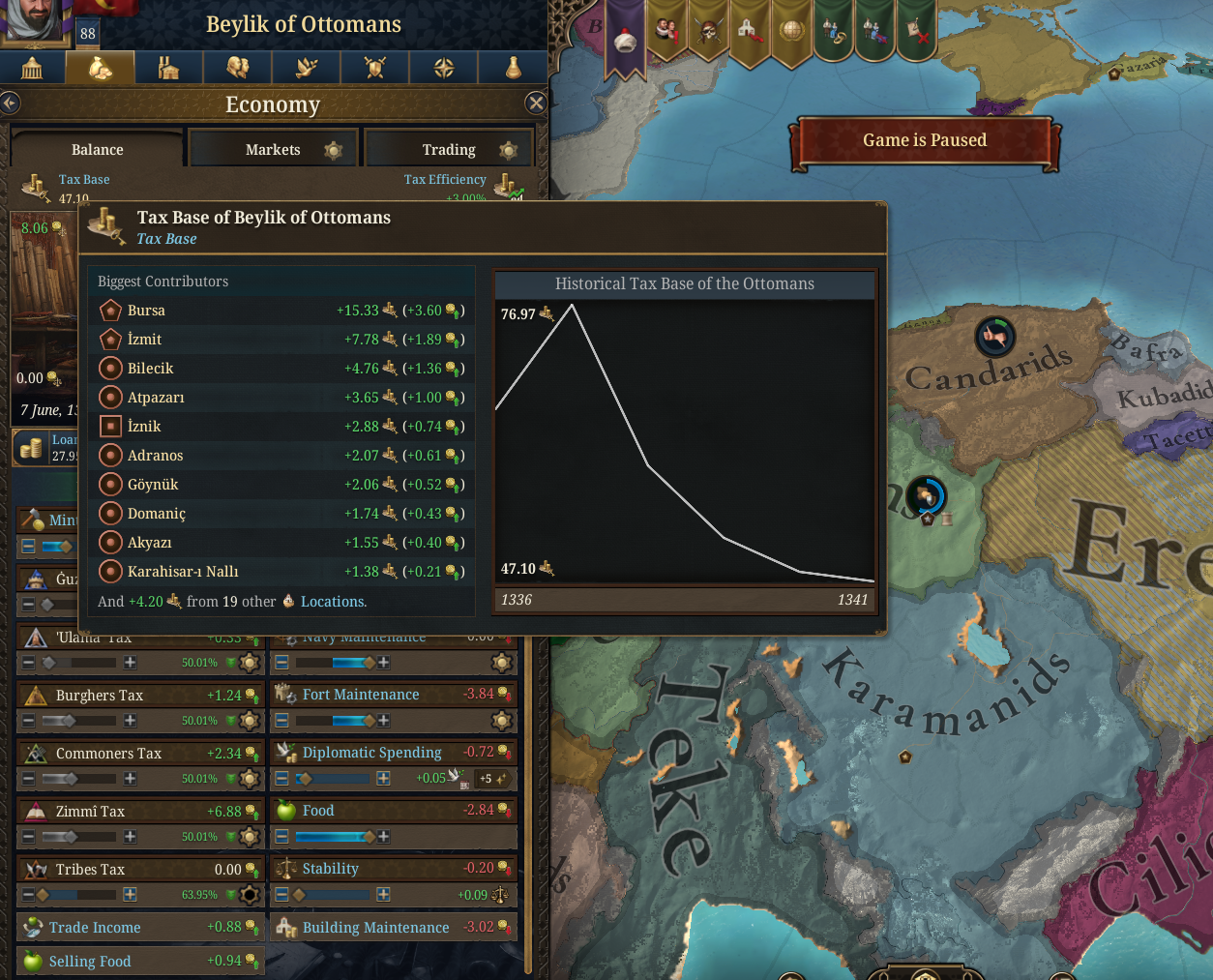 EU5 player screenshot of tax base dropping after campaign start