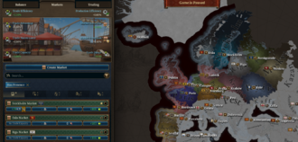 Europa Universalis V market screen showing market view, goods, market center, and trade-related information.