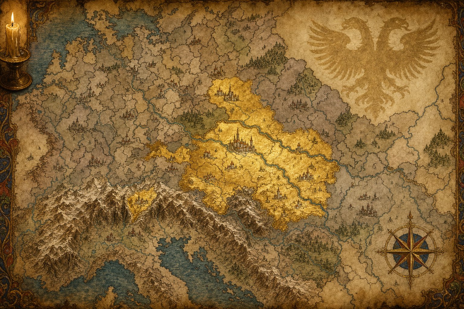 Habsburg lands glowing gold on a 14th-century map of the Holy Roman Empire for an EU5 Austria guide.
