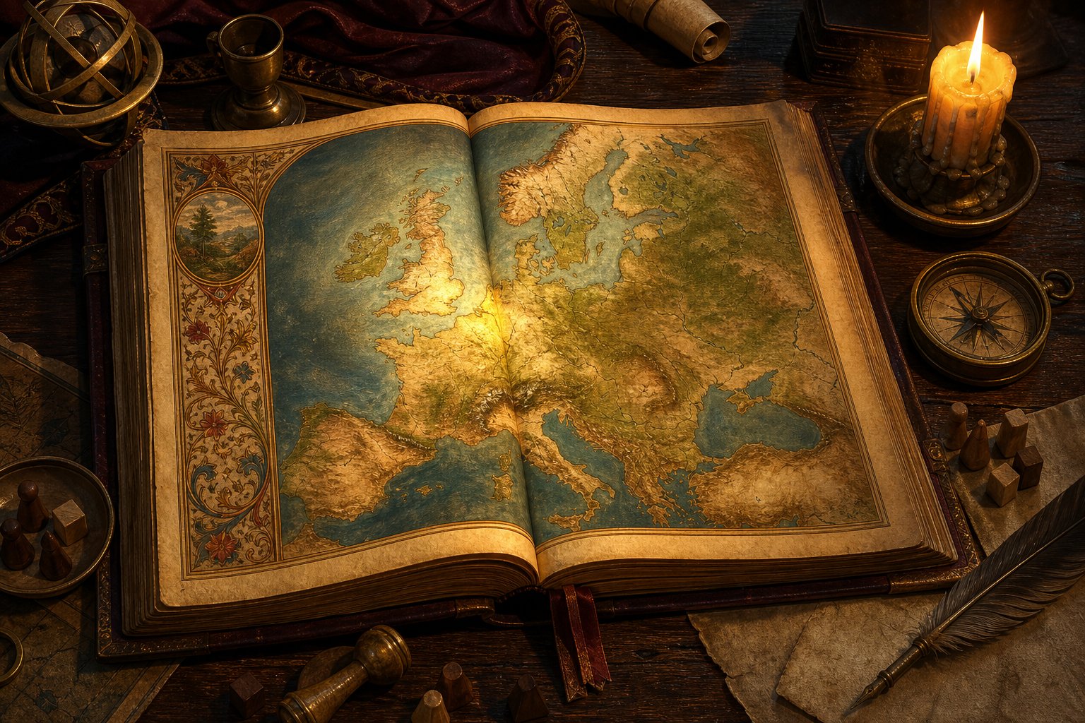 Open strategy atlas with a glowing map of Europe for an EU5 beginner guide.