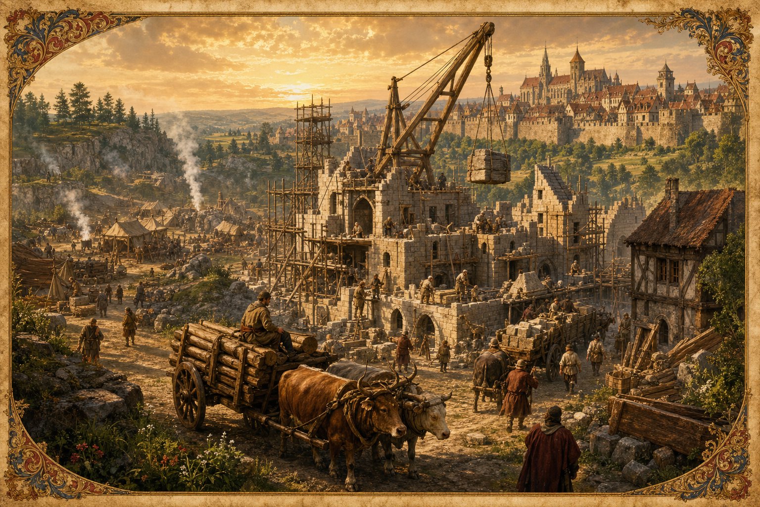 Medieval city under construction with goods flowing in for an EU5 buildings guide.