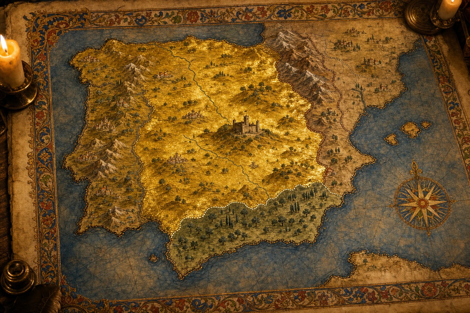 Eine illuminierte Karte Iberiens aus dem 15. Jahrhundert mit dem golden hervorgehobenen Königreich Kastilien für einen EU5-Kastilien-Guide.