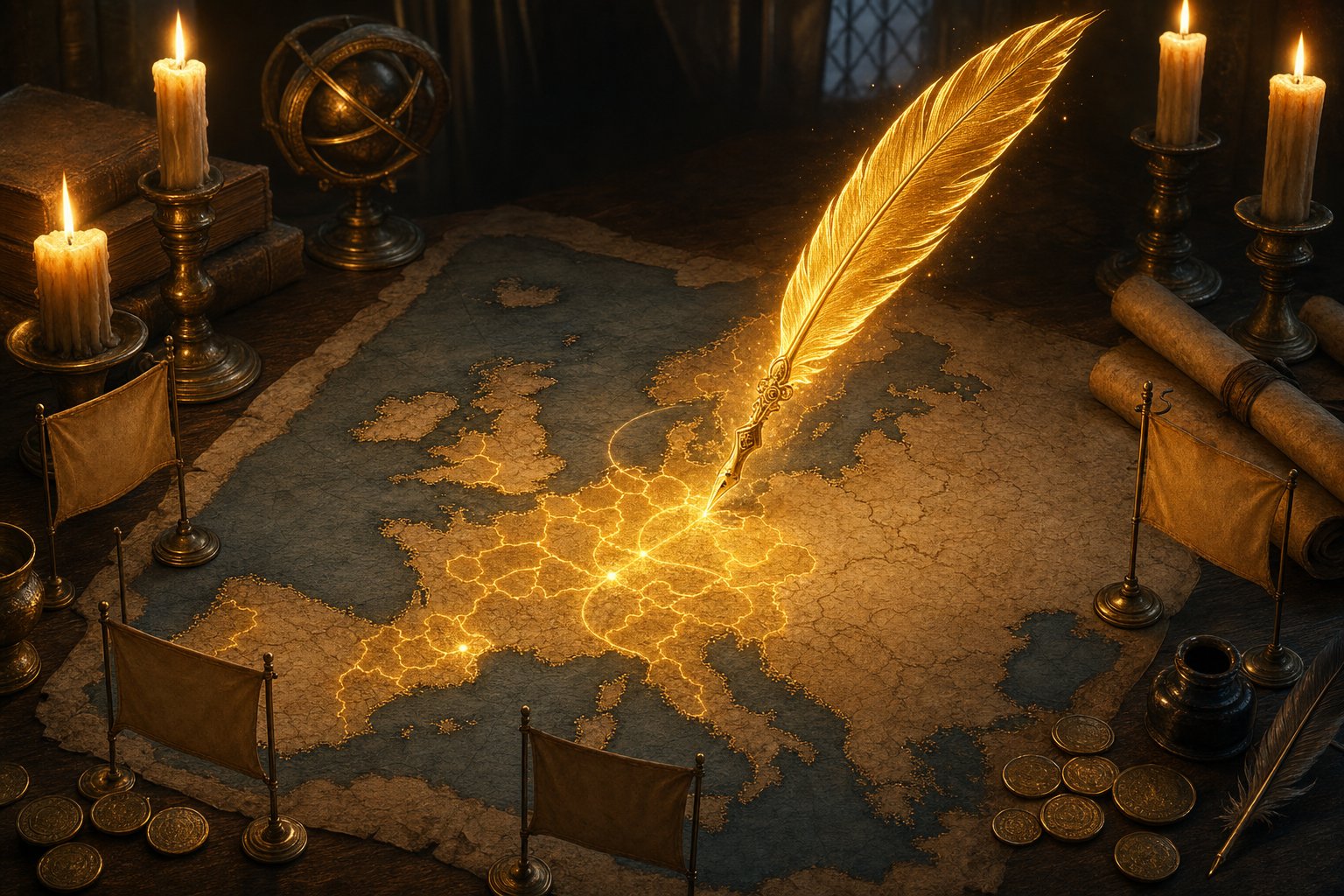 A luminous golden quill writing glowing strokes across a parchment map of Europe, provinces igniting with gold, for an EU5 console commands guide.