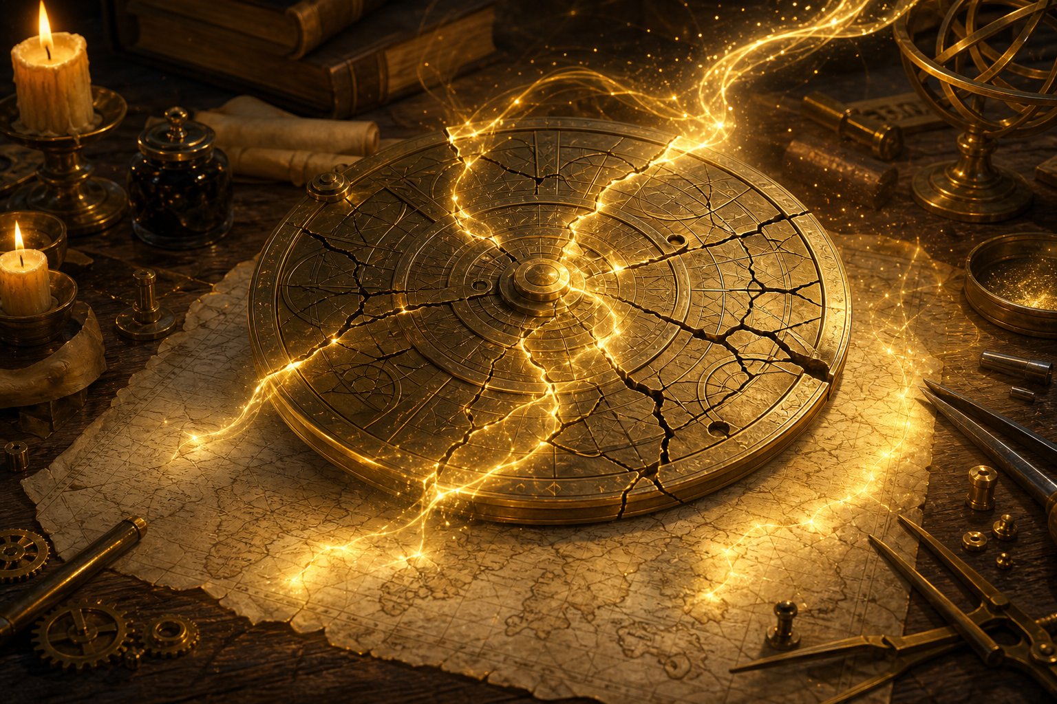 A cracked brass astrolabe being mended by streams of golden light over a parchment map for EU5 console fixes.