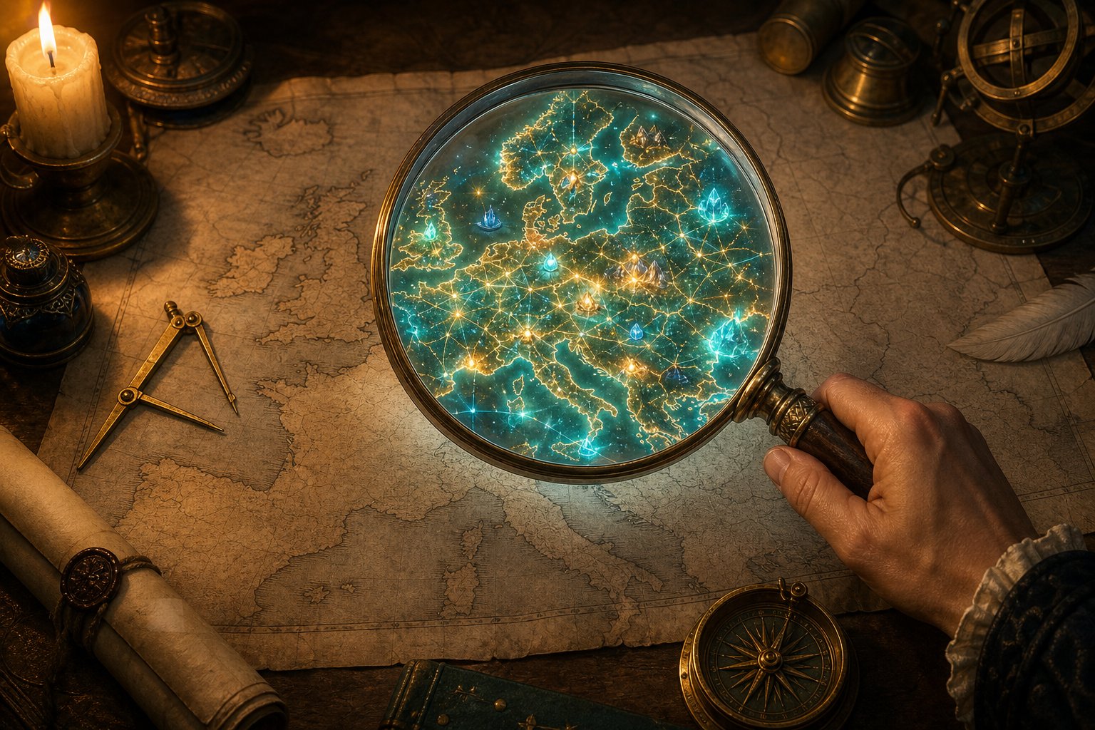 A crystal lens revealing a hidden glowing underlayer of a parchment map for an EU5 debug mode guide.