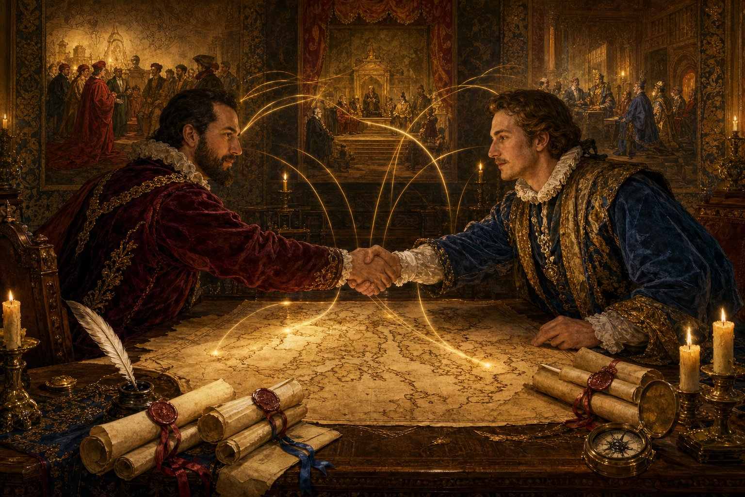 Two envoys shaking hands over a map for an EU5 diplomacy guide.