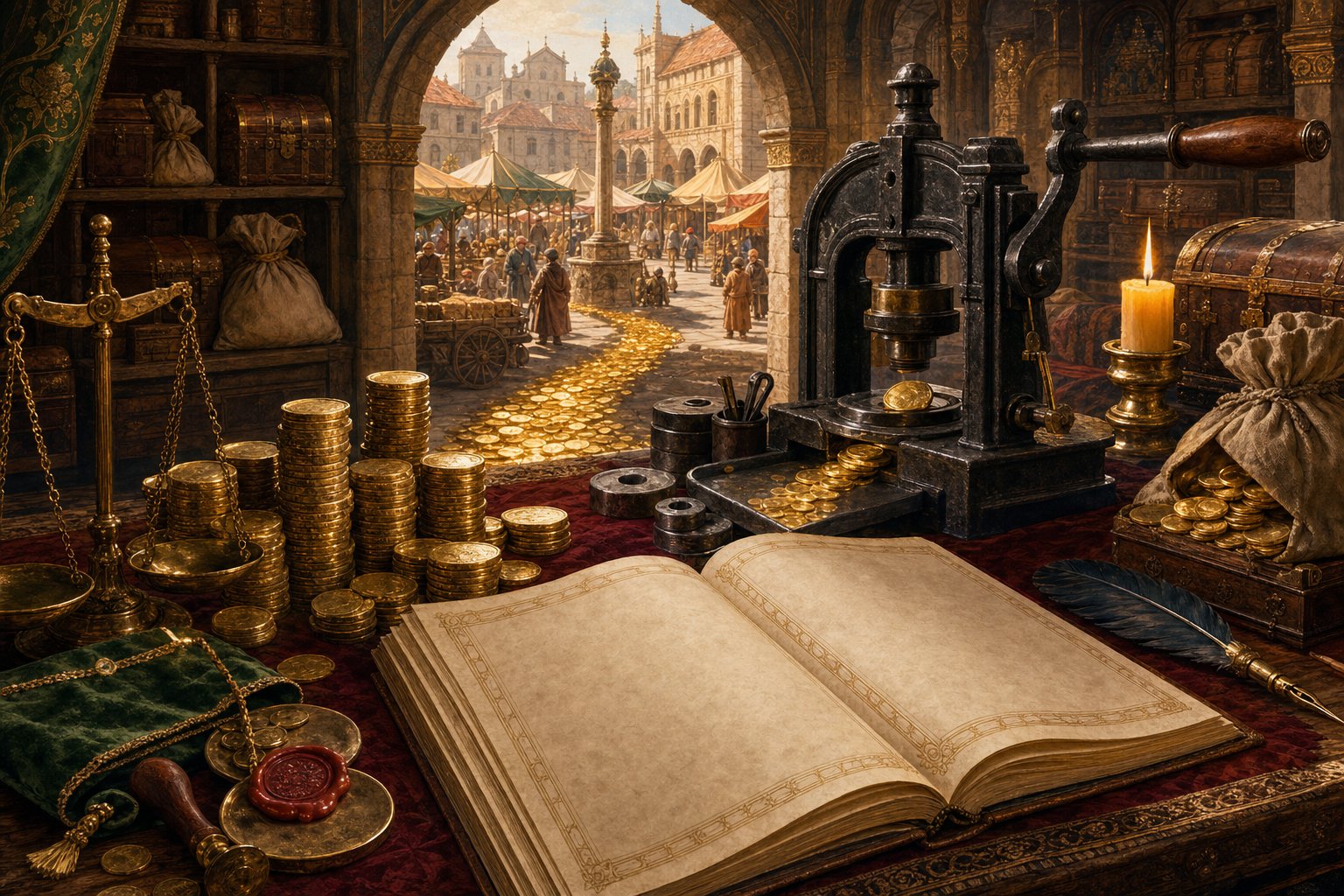 Treasury ledger with coins flowing through a market for an EU5 economy guide.