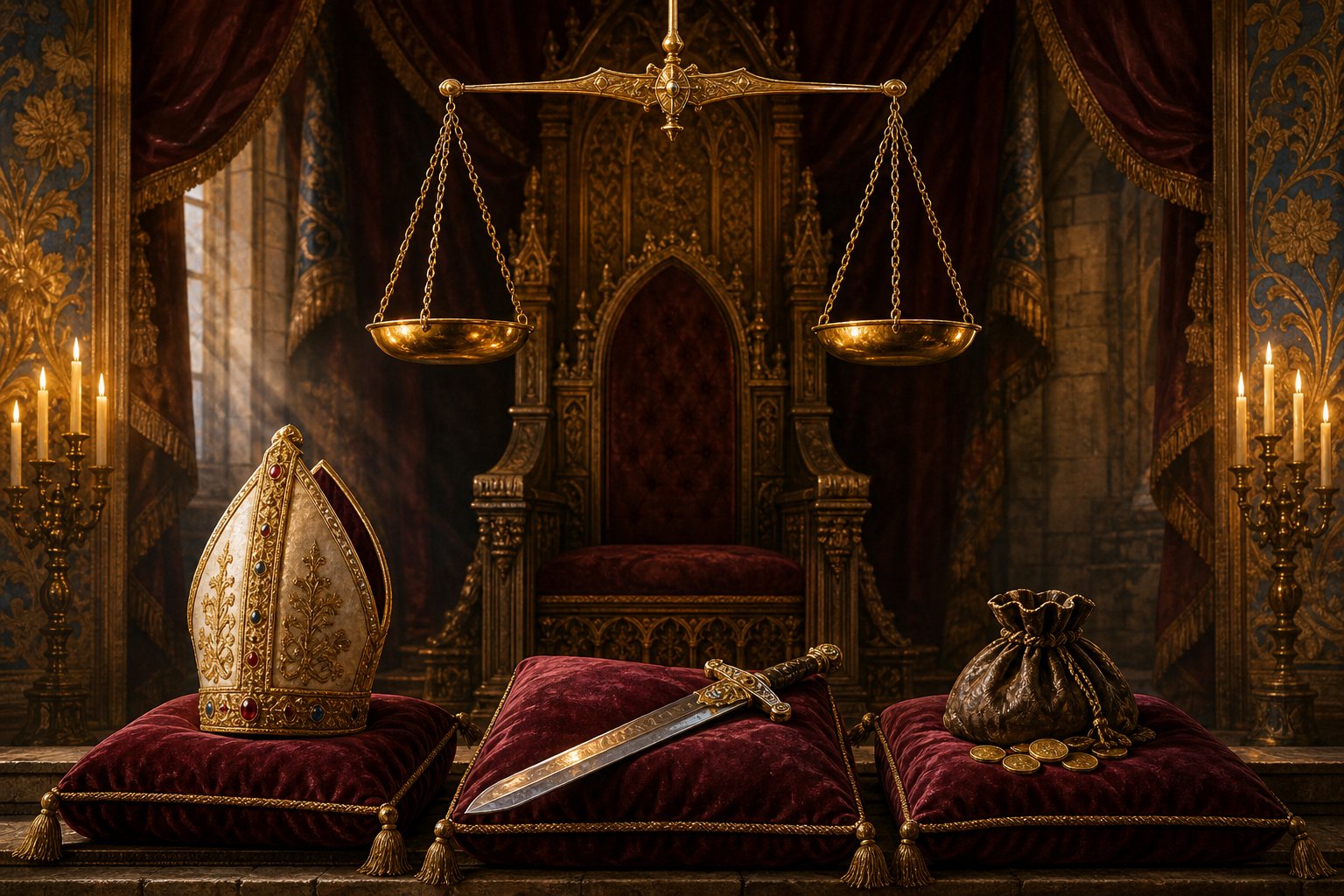 Estate symbols around a throne with a balance scale for an EU5 estates guide.