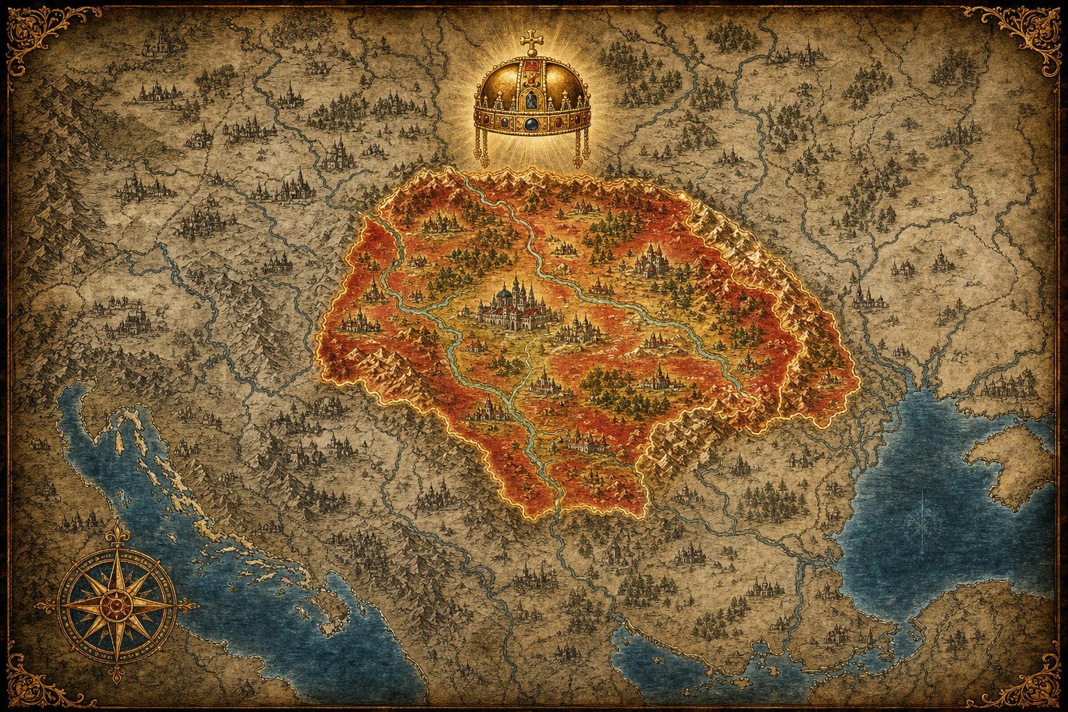 Carpathian basin map with a Hungarian crown for an EU5 Hungary guide.