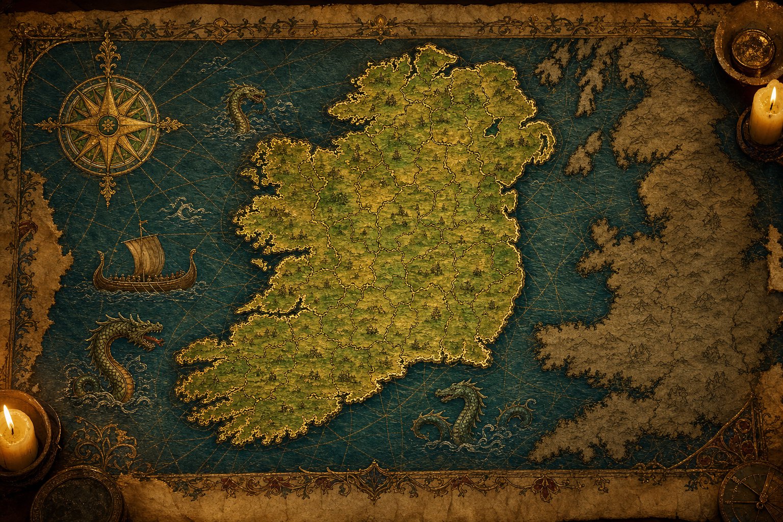 Stylized medieval map of Ireland with clan territories and sea routes for an EU5 Ireland guide.