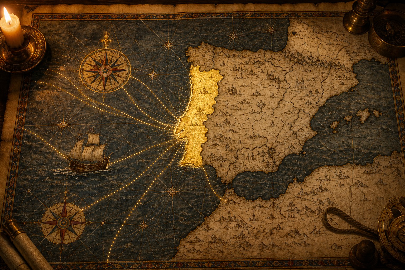 A 15th-century portolan chart of Iberia with Portugal highlighted in gold and a caravel on Atlantic routes for an EU5 Portugal guide.