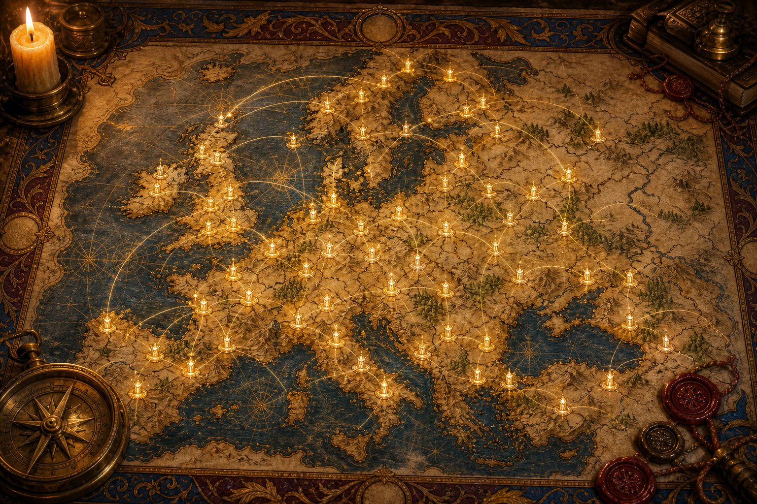 Map of Europe with glowing beacon markers for an EU5 tags and IDs guide.