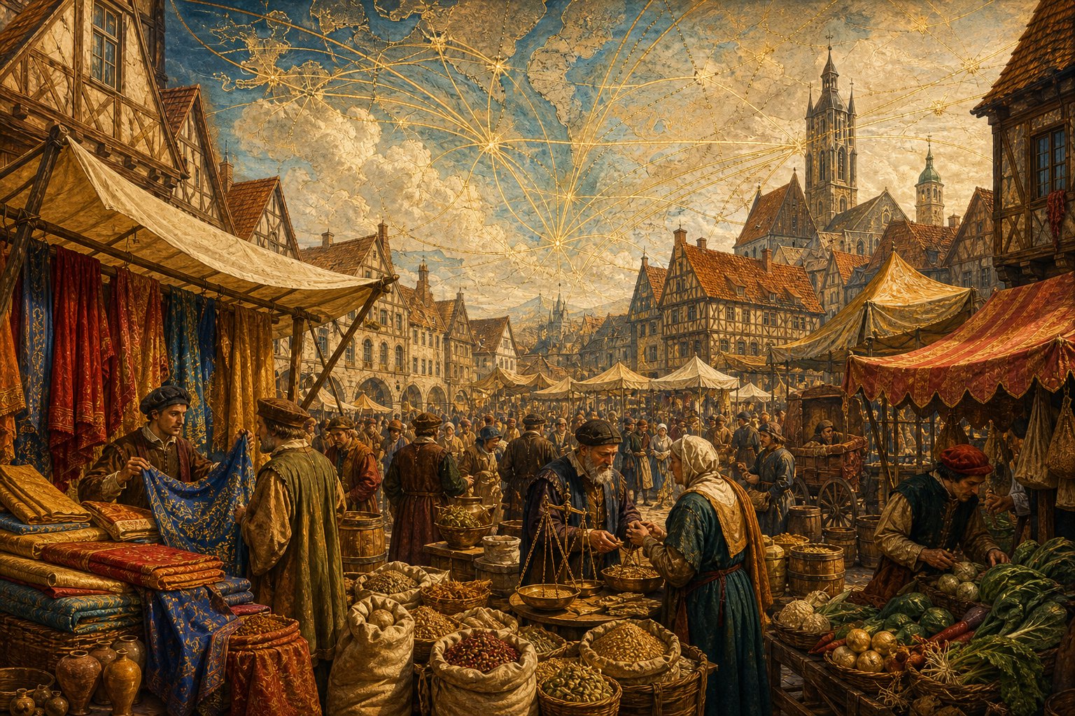 Medieval market square with converging trade routes for an EU5 trade guide.