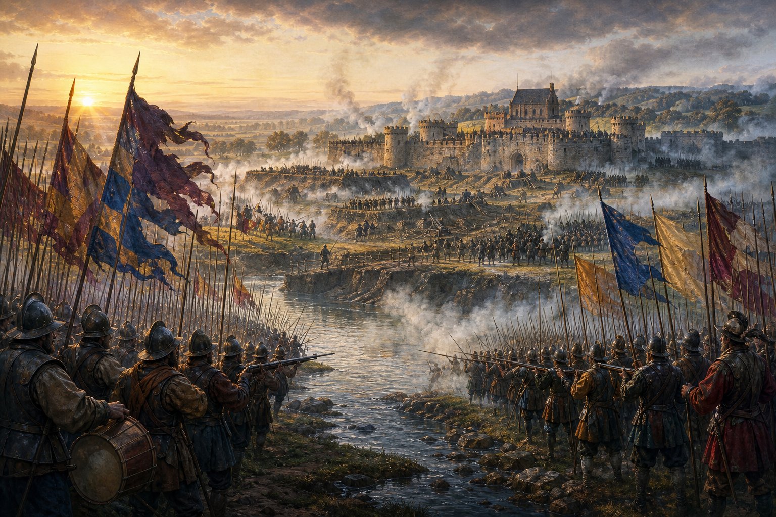 Two armies facing off with siege lines for an EU5 warfare guide.