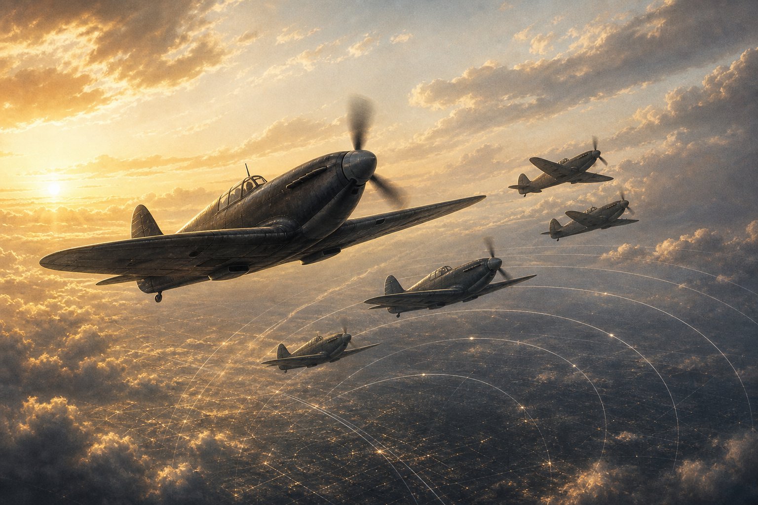 WW2 fighter silhouettes climbing above clouds with radar arcs for an HoI4 air superiority guide.