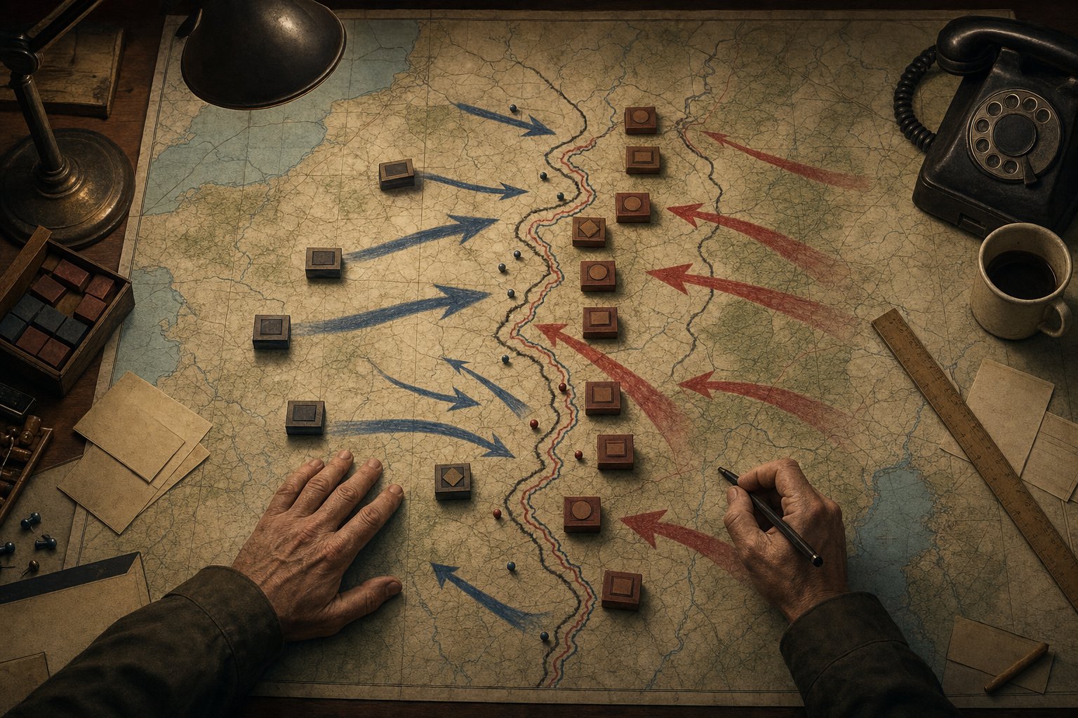 Map table with front lines and offensive arrows for an HoI4 battle plans guide.