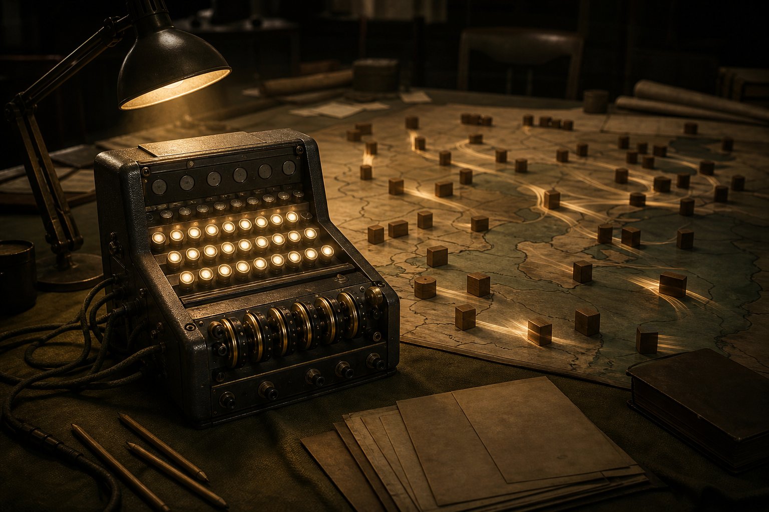 A WW2 cipher machine with glowing keys casting light onto a war-room operations map for an HoI4 console commands guide.