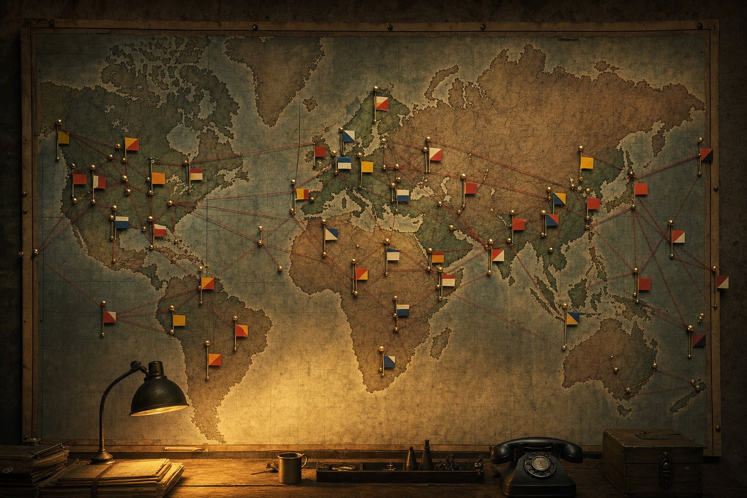 Stylized world map with glowing flag markers for an HoI4 country tags guide.