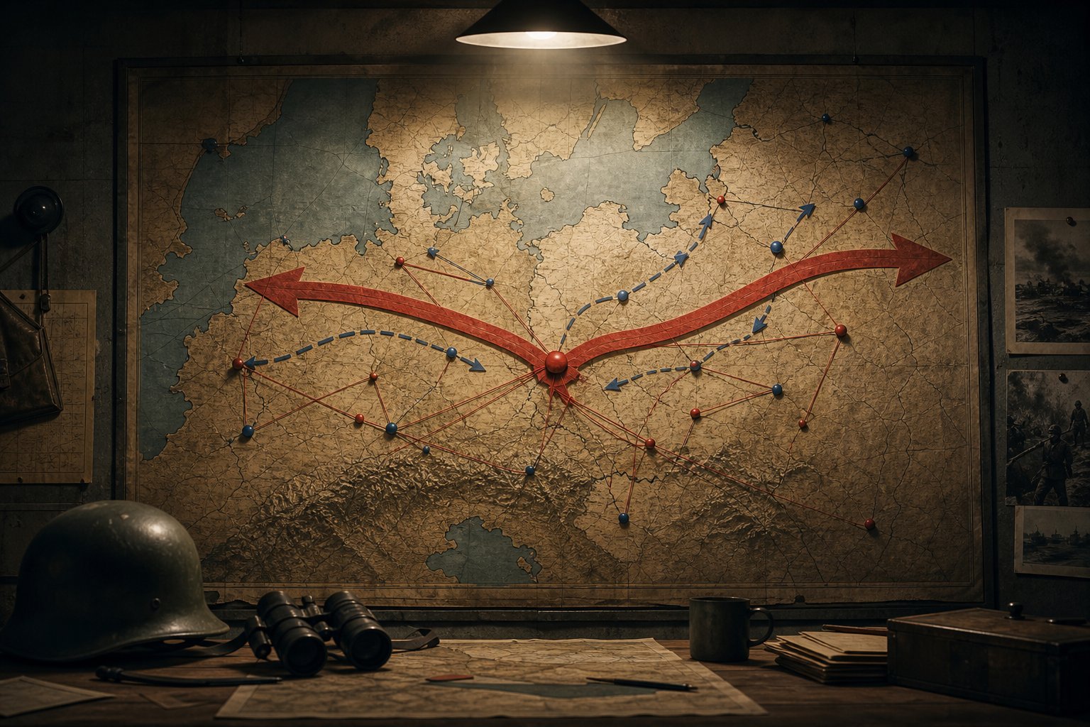 Central Europe map with a bold campaign arrow route for an HoI4 Germany guide.