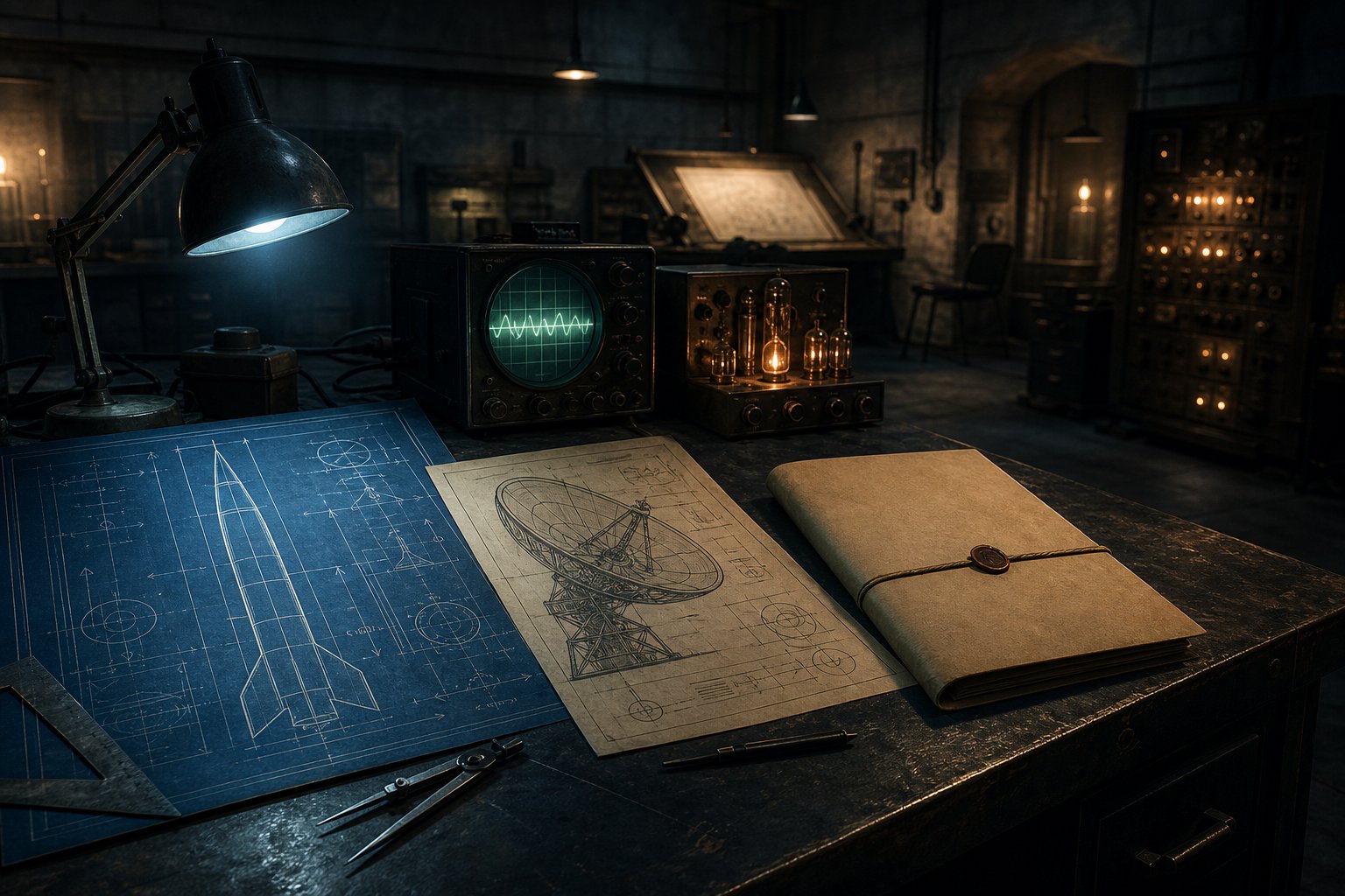 Secret research lab blueprint with a glowing terminal for HoI4 special projects console commands.
