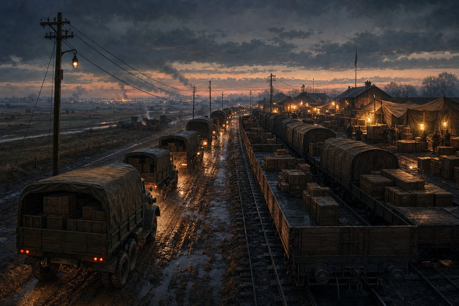 Railway and supply trucks moving toward a front-line hub for an HoI4 supply guide.