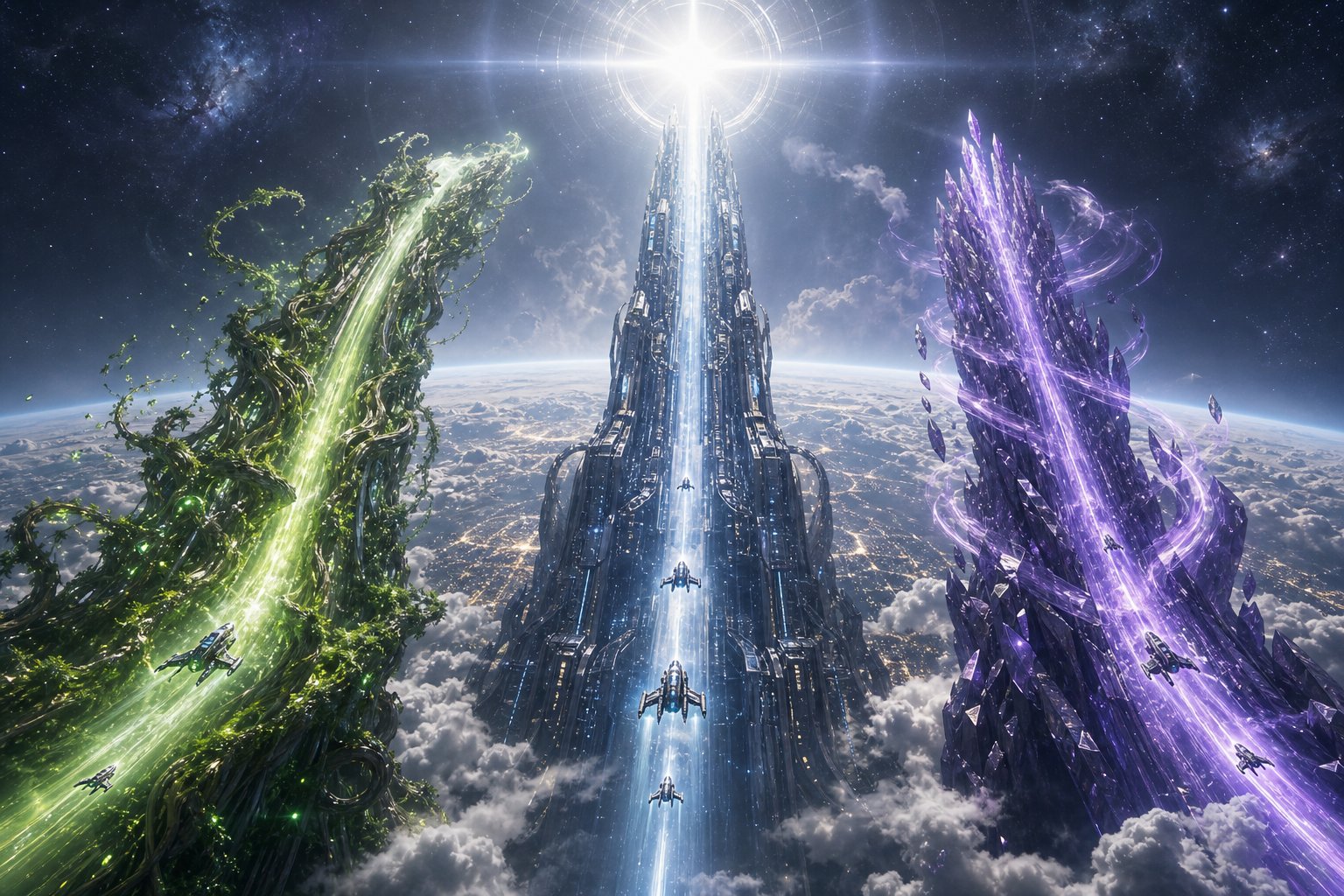 Three monumental ascension spires - bio-organic, machine, psionic - rising from a planet toward a blinding star for a Stellaris ascension perks guide.