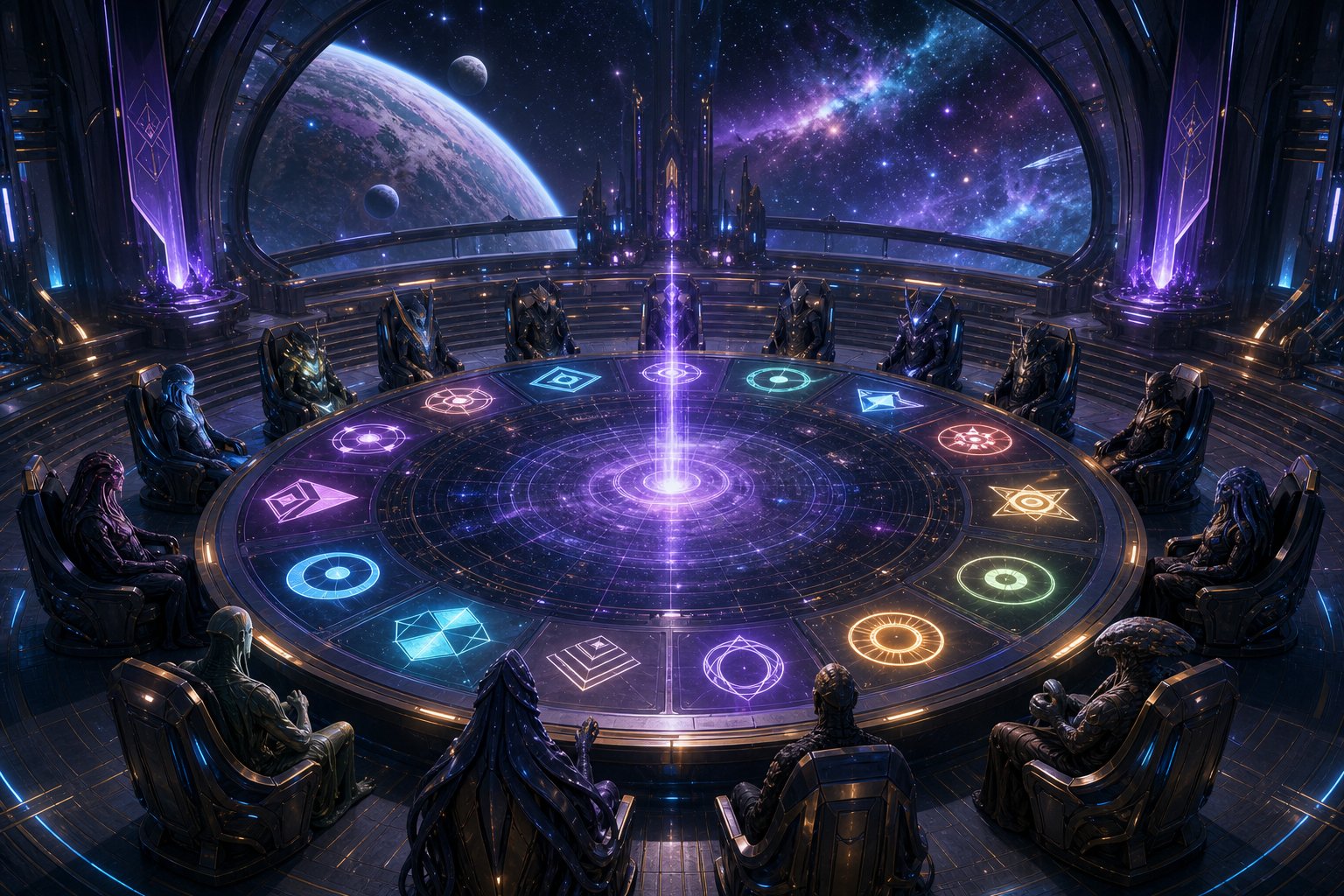 Galactic council hall with glowing faction emblems for a Stellaris civics tier list.