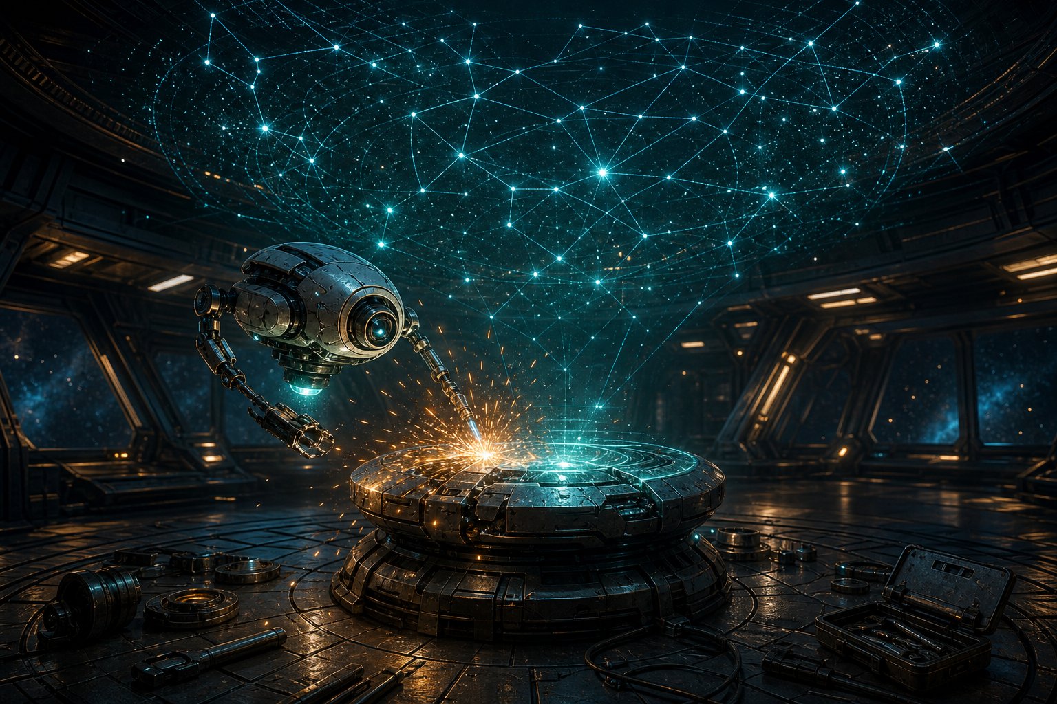 Eine Reparaturdrohne, die einen rissigen holografischen Sternkarten-Projektor in einem Raumschiff-Kartografieraum schweißt, für einen Stellaris-Konsolen-Fehlerbehebungs-Guide.