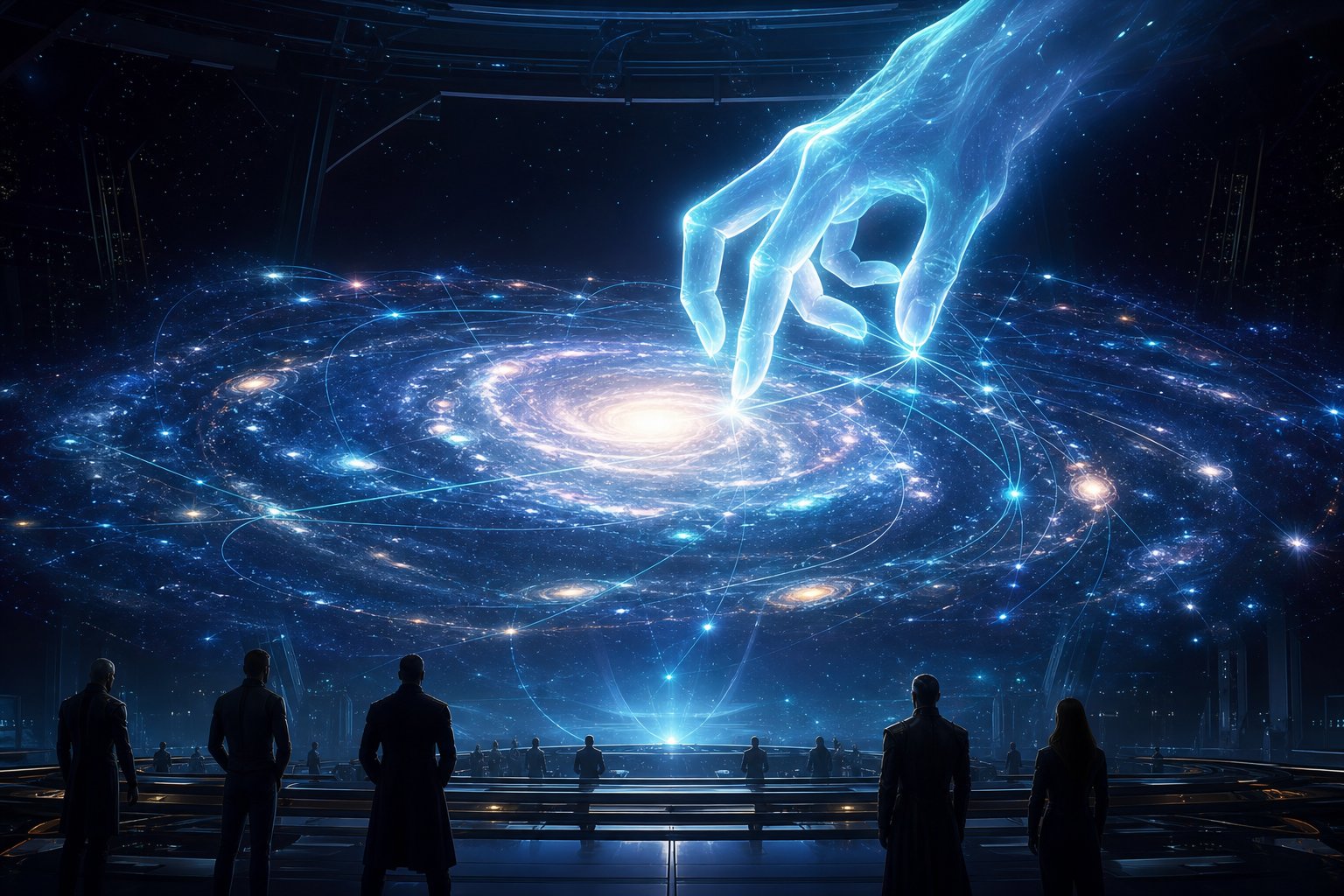 Eine geisterhafte Hand aus Licht, die eine holografische Galaxie über einem dunklen Kommandodeck neu anordnet, für einen Stellaris-Konsolenbefehle-Guide.