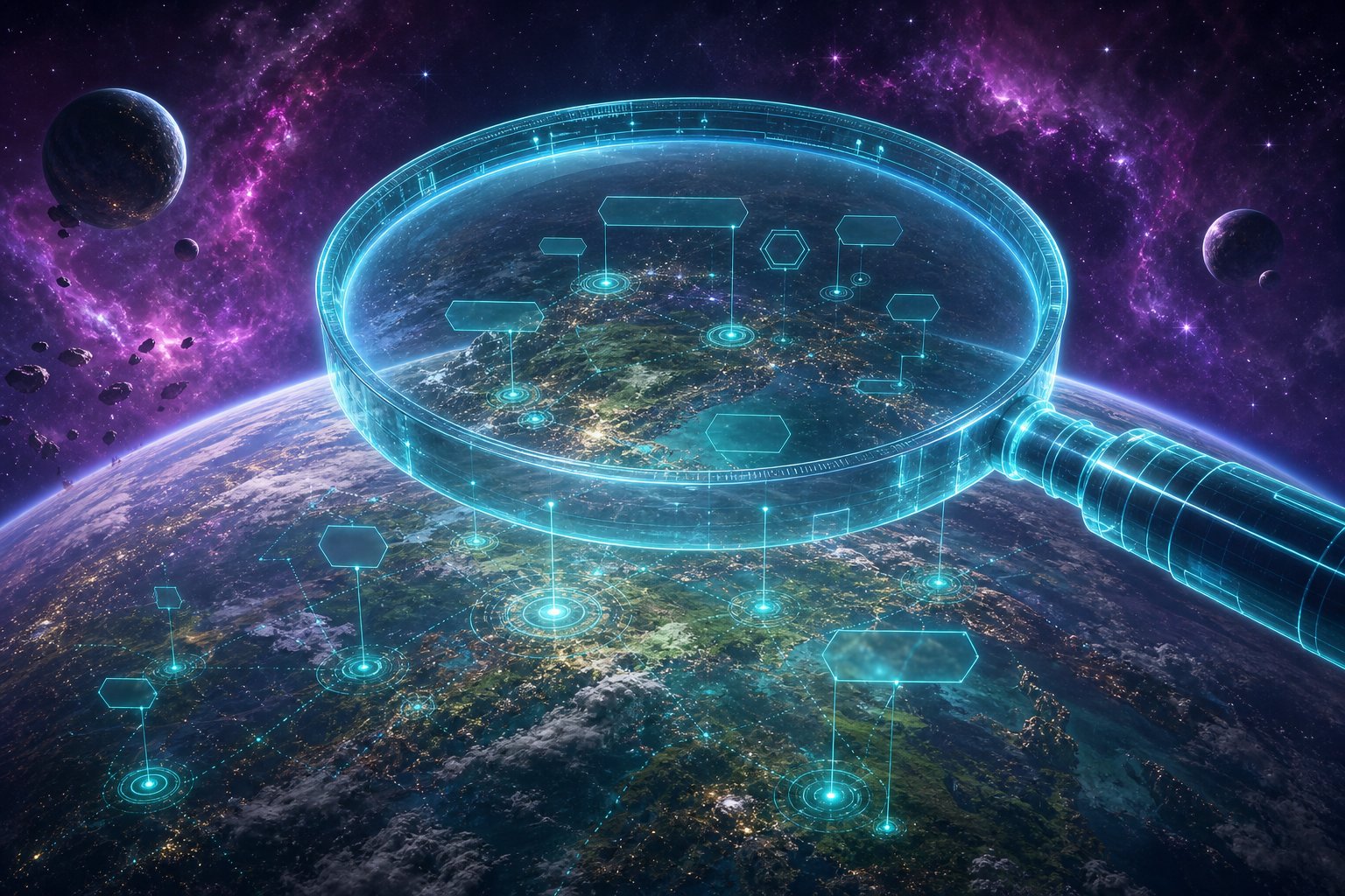 Hologram lens revealing data tags over a planet for a Stellaris debugtooltip guide.