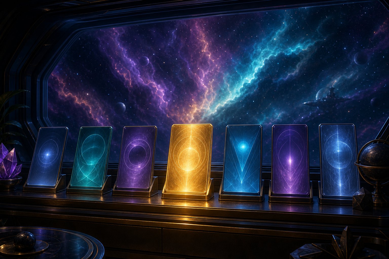 Shelf of glowing expansion datacards for a Stellaris DLC buying guide.