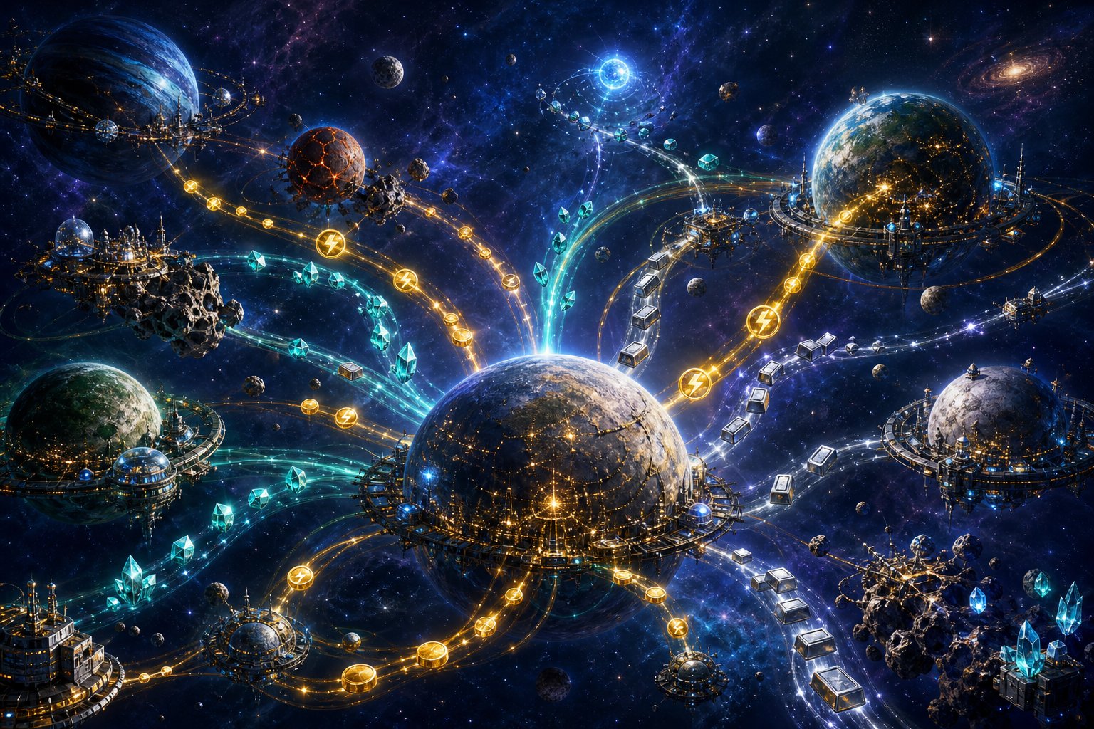 Resource icons flowing between planets along trade routes for a Stellaris economy guide.