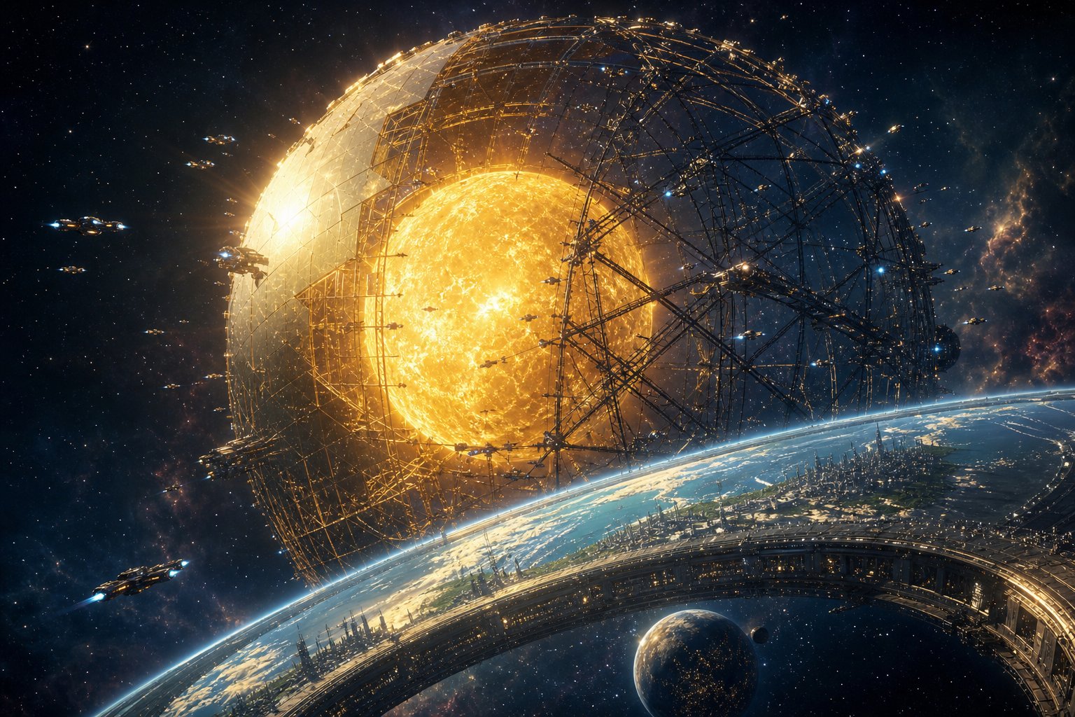 A Dyson Sphere under construction around a blue star, with orbital rings and habitats visible below, for a Stellaris megastructures guide.