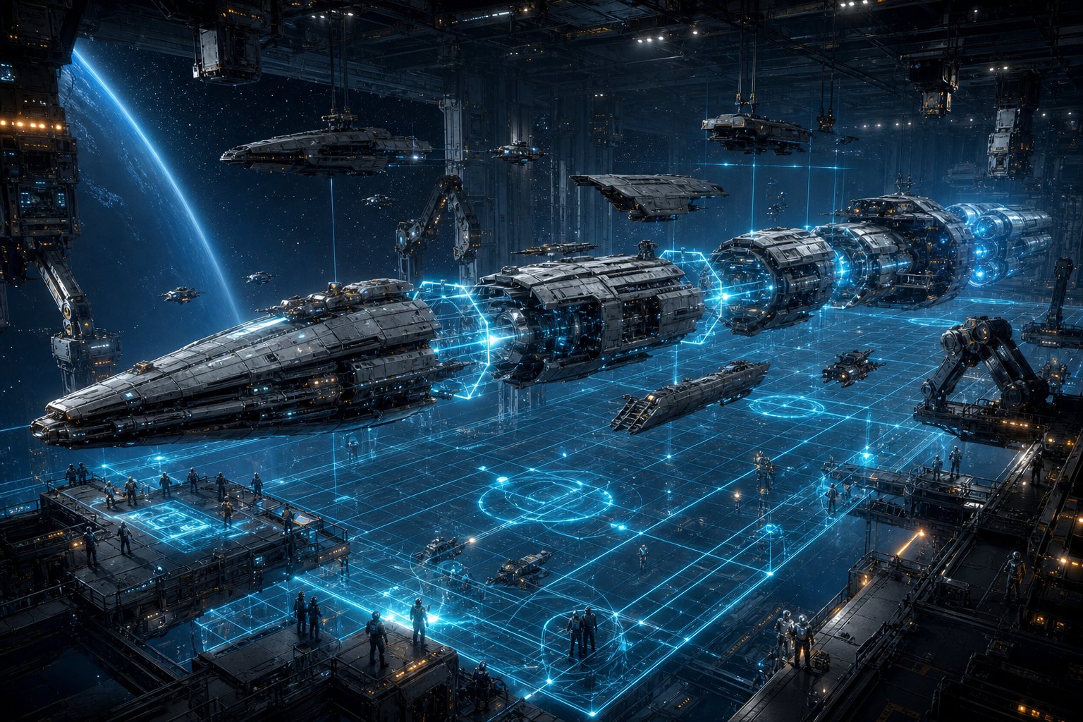 Modular starship blueprint on a holographic grid for a Stellaris ship design guide.