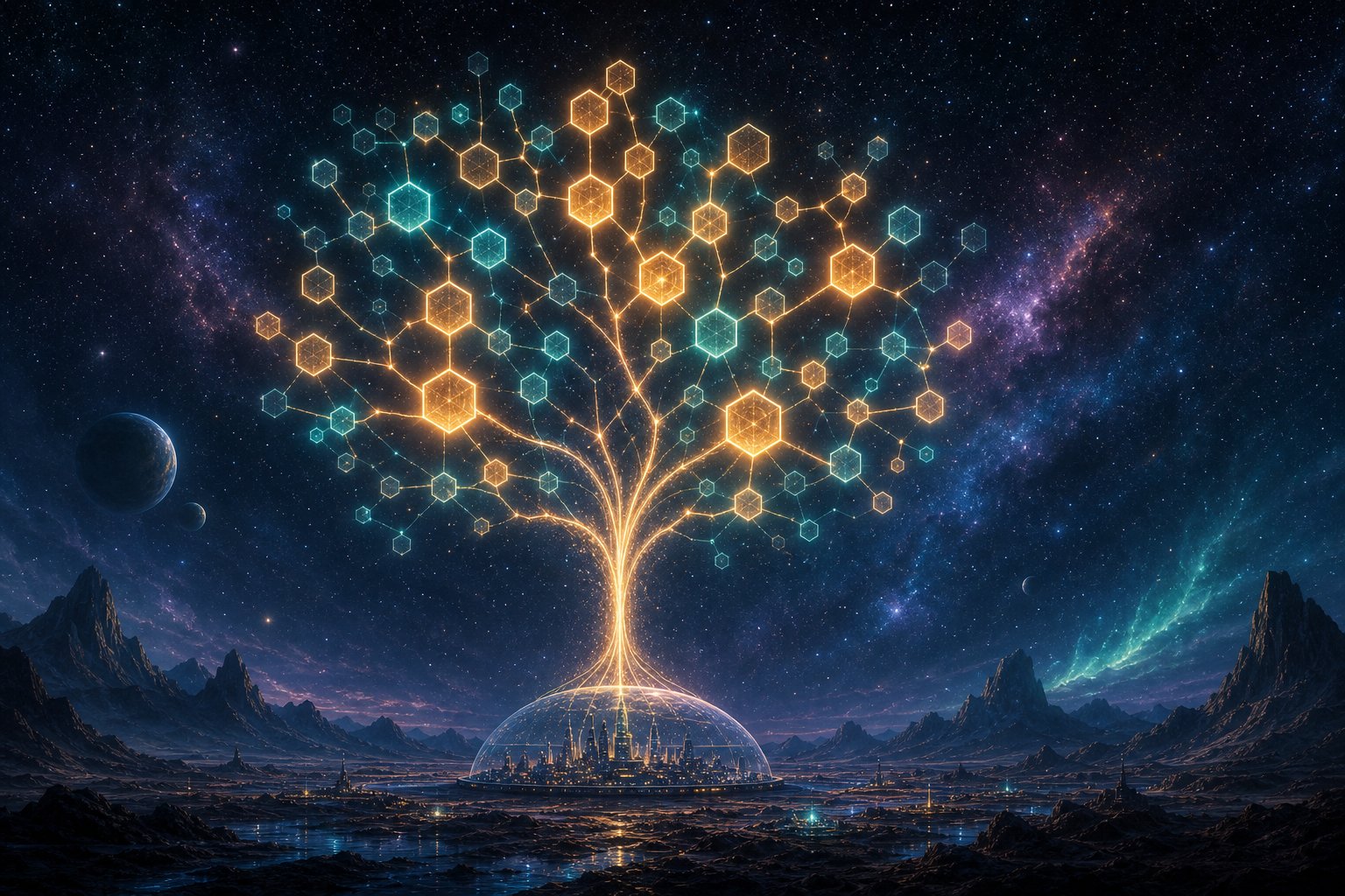 Glowing tradition tree of hexagon nodes growing from a colony dome for a Stellaris traditions guide.